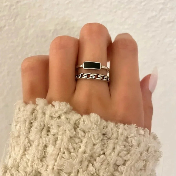 925 Sterling Silver Dainty Black Bar Ring Minimalist Stackable Ring Link Ring - Picture 3 of 7
